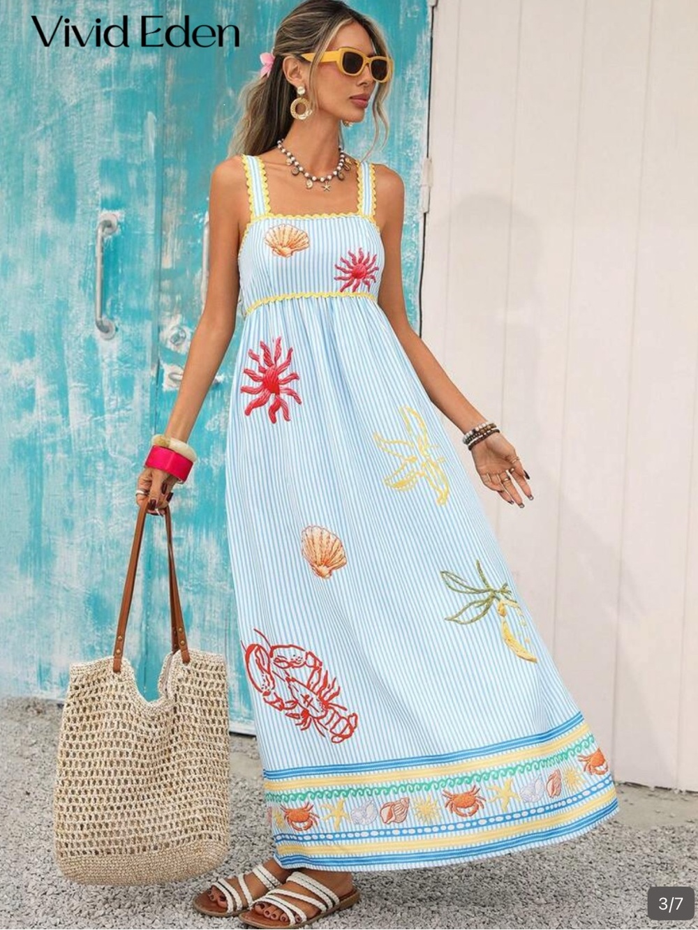 Blue Striped Beach Vacation Maxi Dress with Embroidery